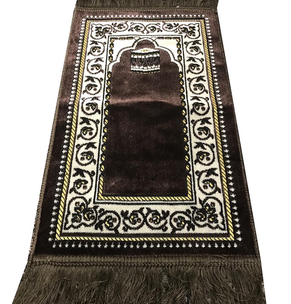 Child Velvet Islamic Prayer Rug - Brown with Kaba