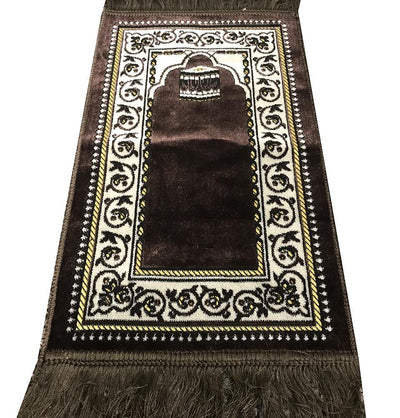 Child Velvet Islamic Prayer Rug - Brown with Kaba
