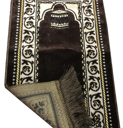 Child Velvet Islamic Prayer Rug - Brown with Kaba