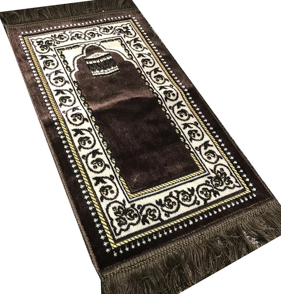 Child Velvet Islamic Prayer Rug - Brown with Kaba