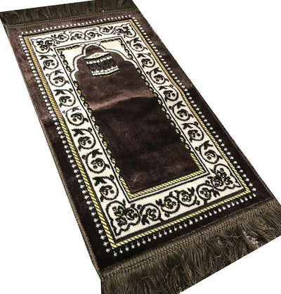 Child Velvet Islamic Prayer Rug - Brown with Kaba