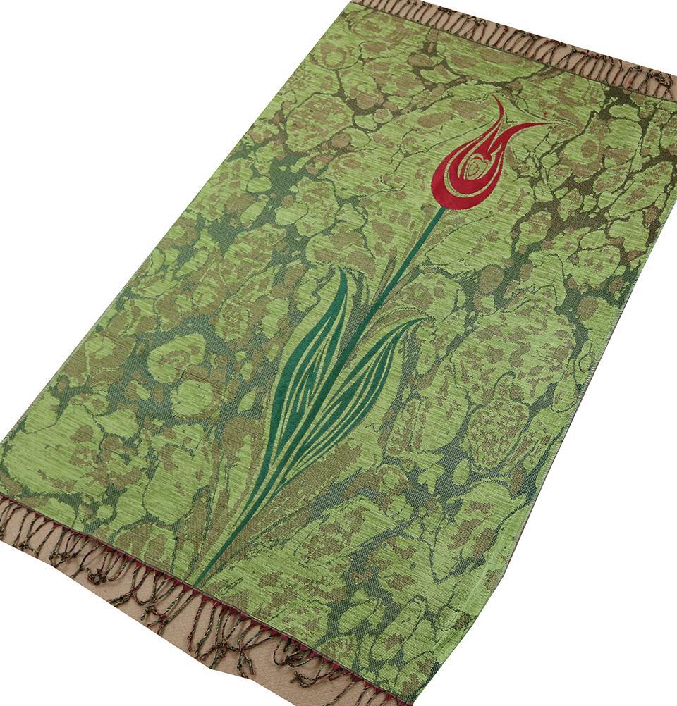 Woven Chenille Turkish Ebru Tulip Prayer Mat Green