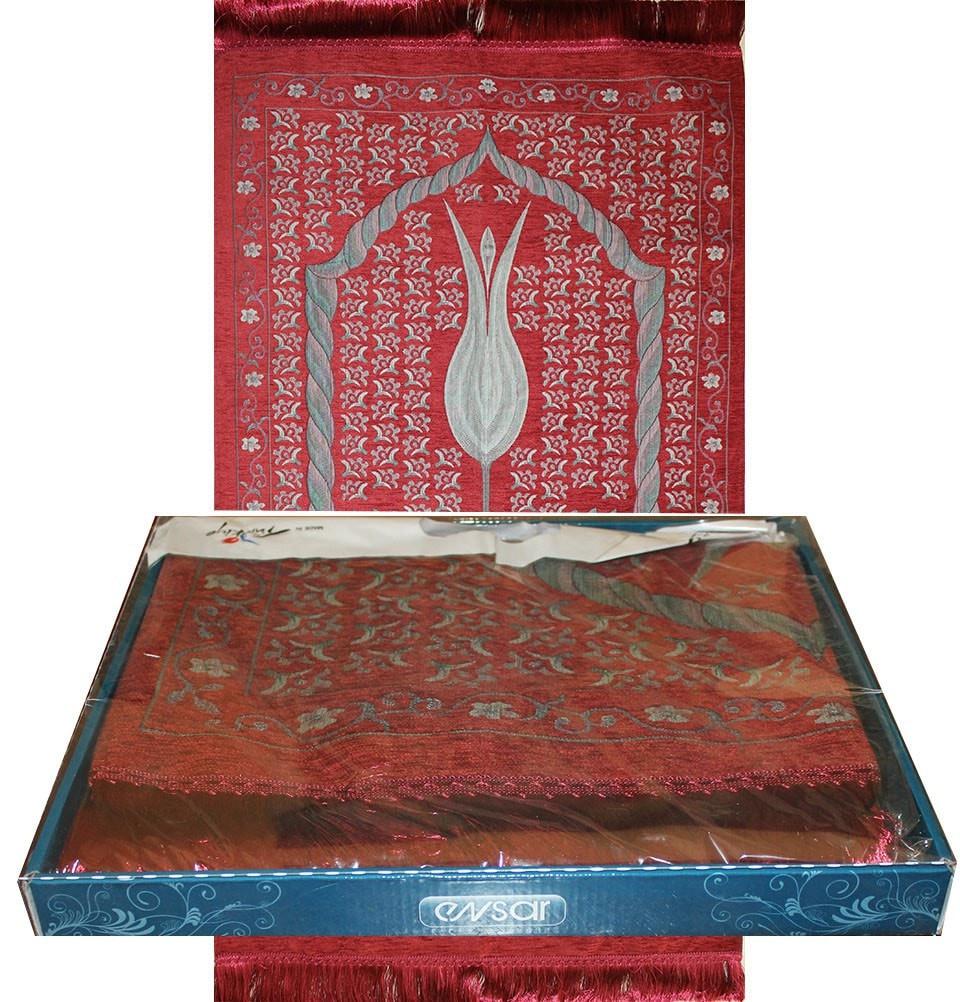 Ensar Prayer Rug Luxury Embroidered Chenille Thin Prayer Mat Gift Box Set - Rose Scented - Red - Modefa 