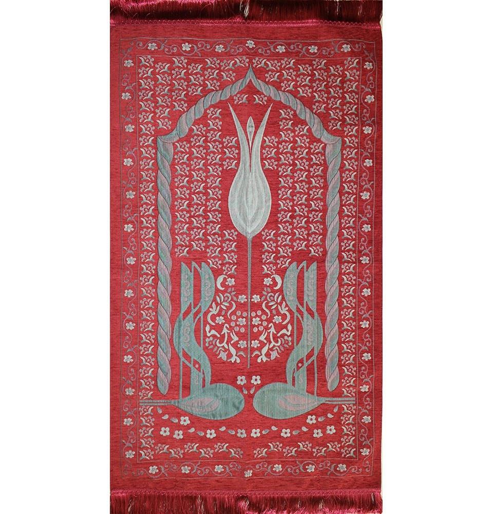 Ensar Prayer Rug Luxury Embroidered Chenille Thin Prayer Mat Gift Box Set - Rose Scented - Red - Modefa 