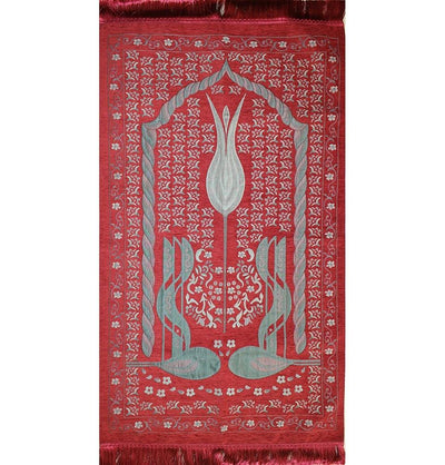 Ensar Prayer Rug Luxury Embroidered Chenille Thin Prayer Mat Gift Box Set - Rose Scented - Red - Modefa 