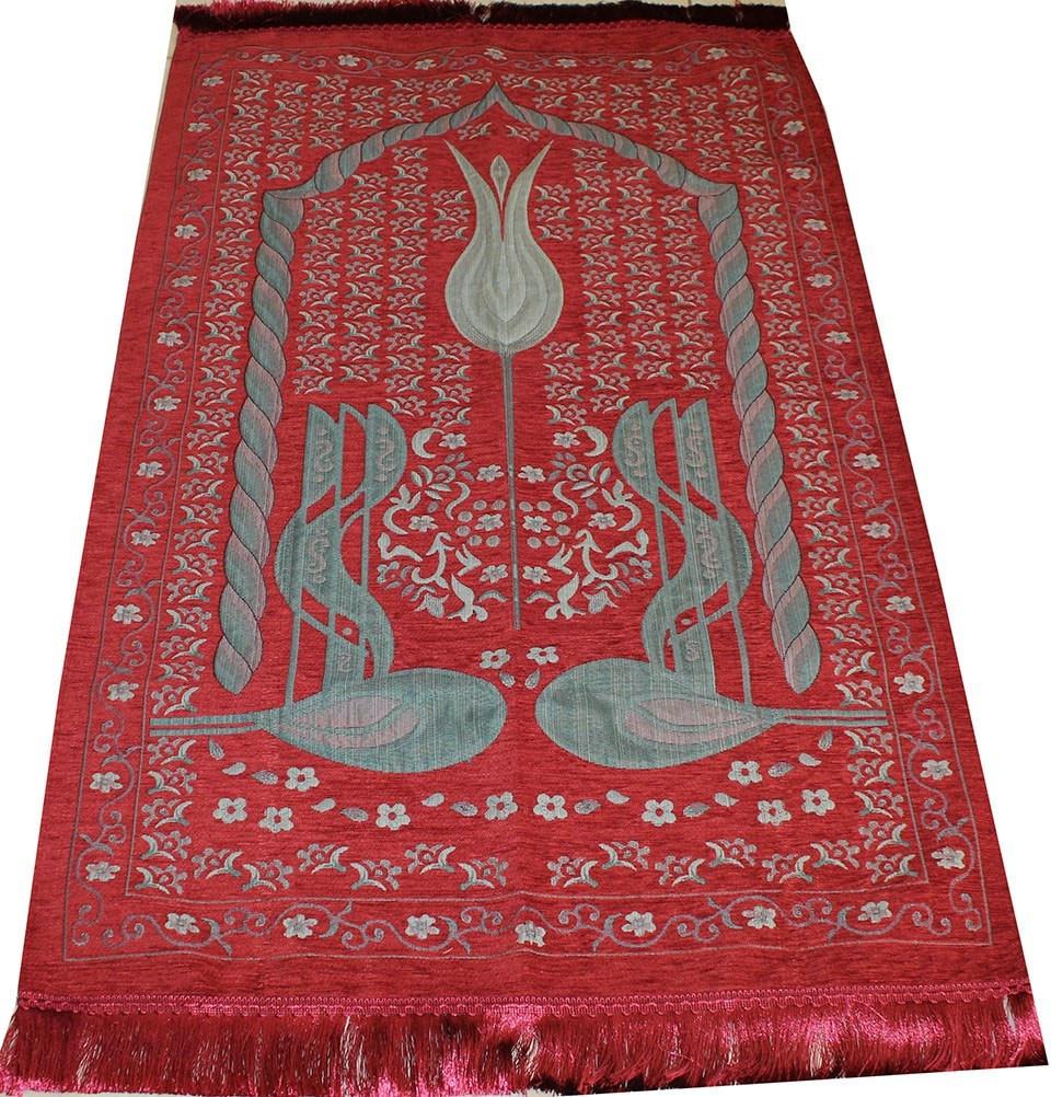 Ensar Prayer Rug Luxury Embroidered Chenille Thin Prayer Mat Gift Box Set - Rose Scented - Red - Modefa 