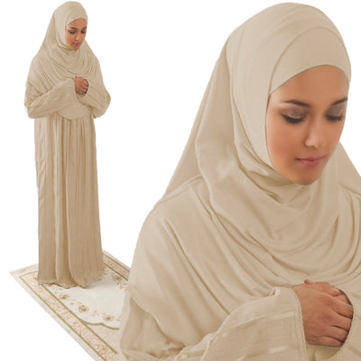 Firdevs Dress Amade Women's One-Piece Prayer Dress Beige Abaya Gift Set - Modefa 