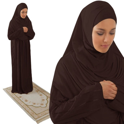 Firdevs Dress Amade Women's One-Piece Prayer Dress Brown Abaya Gift Set - Modefa 