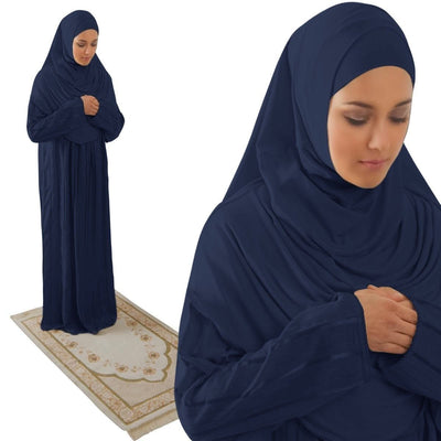 Firdevs Dress Amade Women's One-Piece Prayer Dress Navy Blue Abaya Gift Set - Modefa 