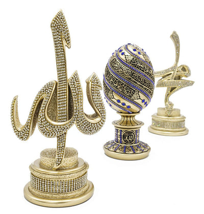 Gunes Islamic Decor Gold/Blue With Ayatul Kursi Islamic Table Decor 3 Piece Set Allah, Muhammad & Ayatul Kursi Egg Gold/Blue 1646