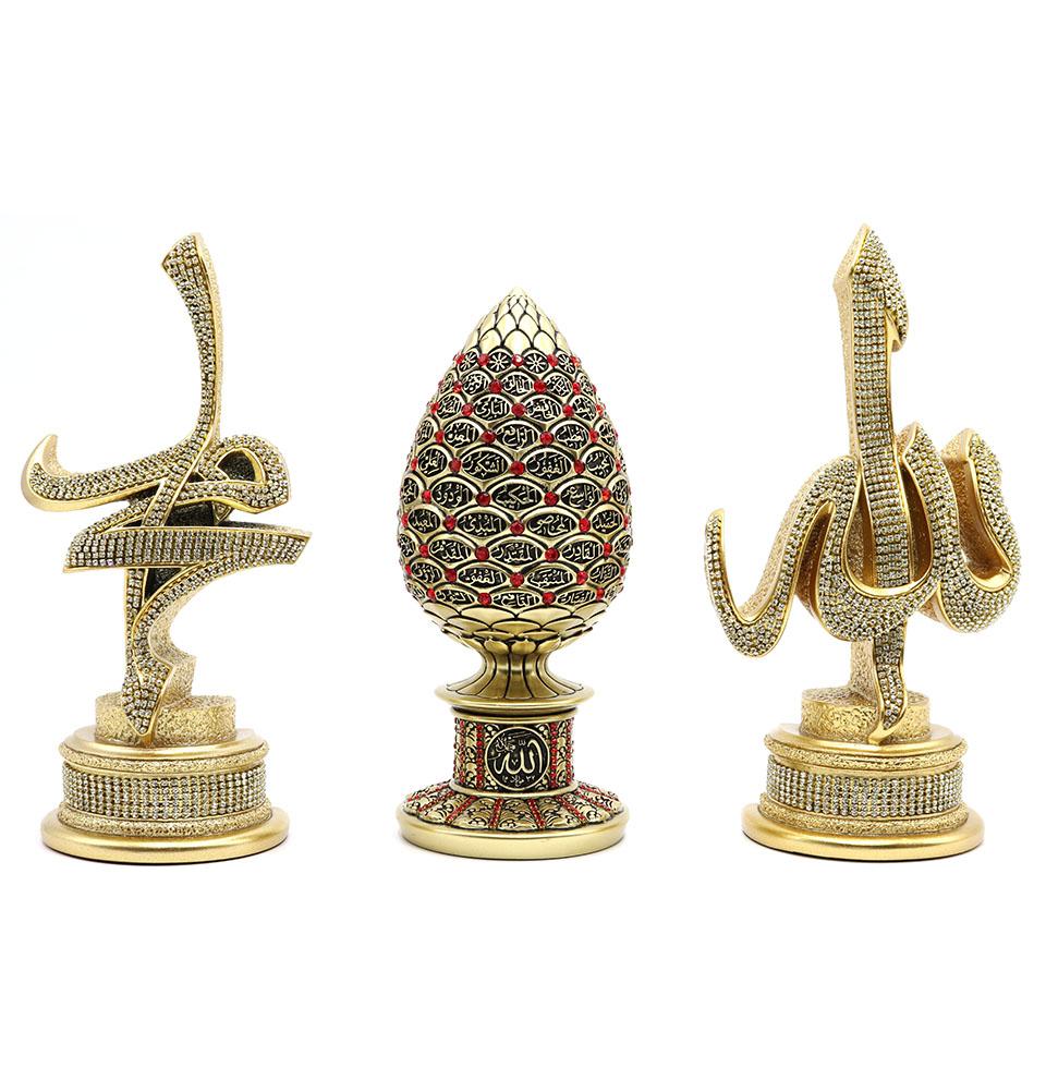 Islamic Table Decor 3 Piece Set Allah, Muhammad & 99 Names Egg Gold/Red 1633