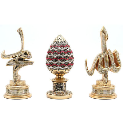 Islamic Table Decor 3 Piece Set Allah, Muhammad & 99 Names Egg Gold/Red 1669