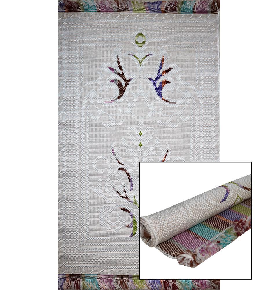 Woven Rolled Hard Islamic Prayer Mat - Embroidered White