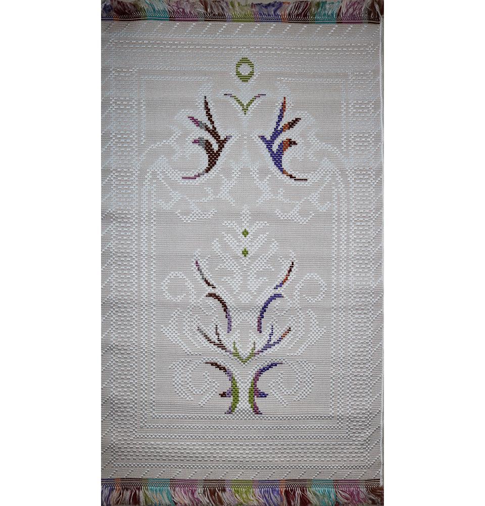 Woven Rolled Hard Islamic Prayer Mat - Embroidered White