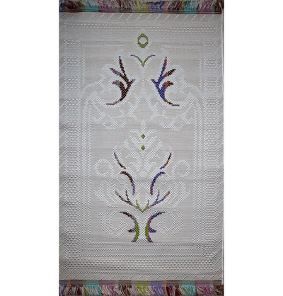Woven Rolled Hard Islamic Prayer Mat - Embroidered White