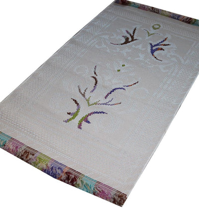 Woven Rolled Hard Islamic Prayer Mat - Embroidered White