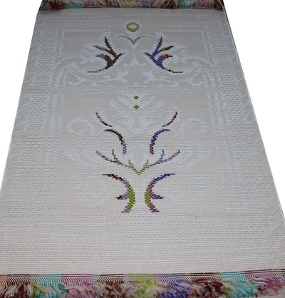 Woven Rolled Hard Islamic Prayer Mat - Embroidered White