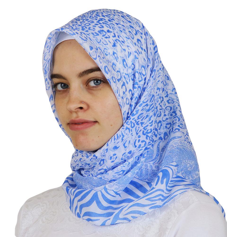 Ipekce scarf Turkish Yazma Square Hijab - Leopard Blue - Modefa 