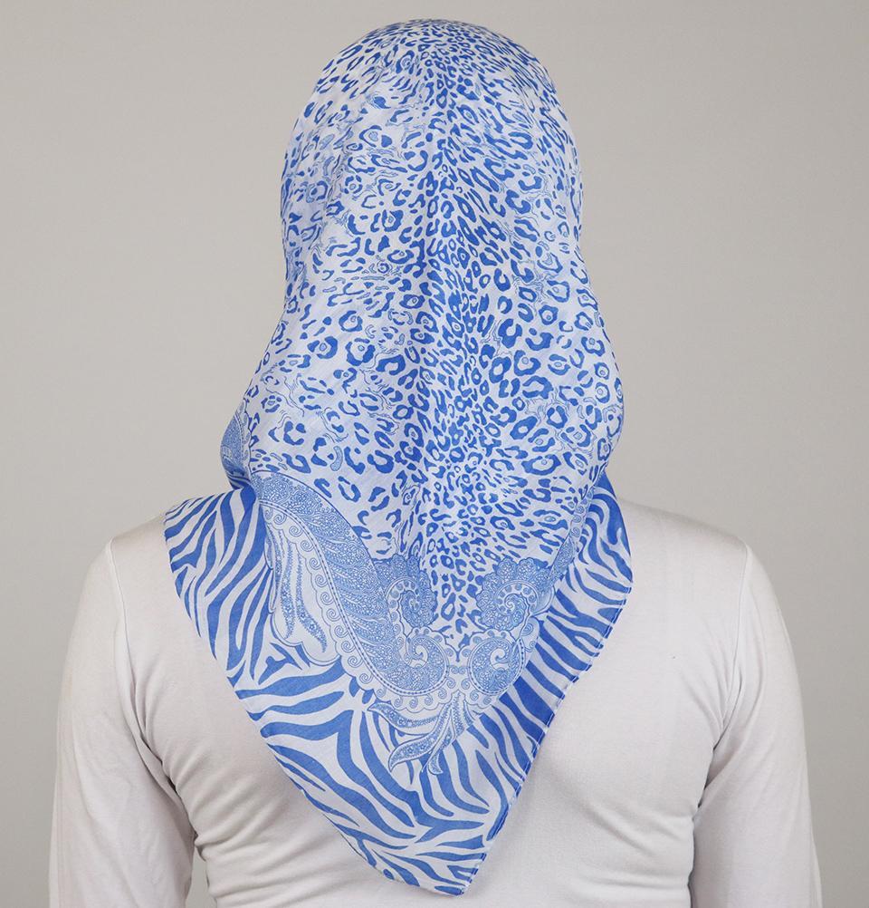 Ipekce scarf Turkish Yazma Square Hijab - Leopard Blue - Modefa 