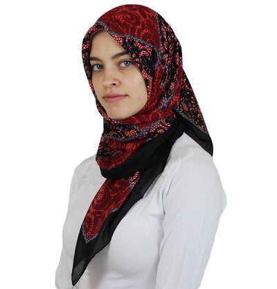 Ipekce scarf Turkish Yazma Square Hijab - Floral Red / Black - Modefa 