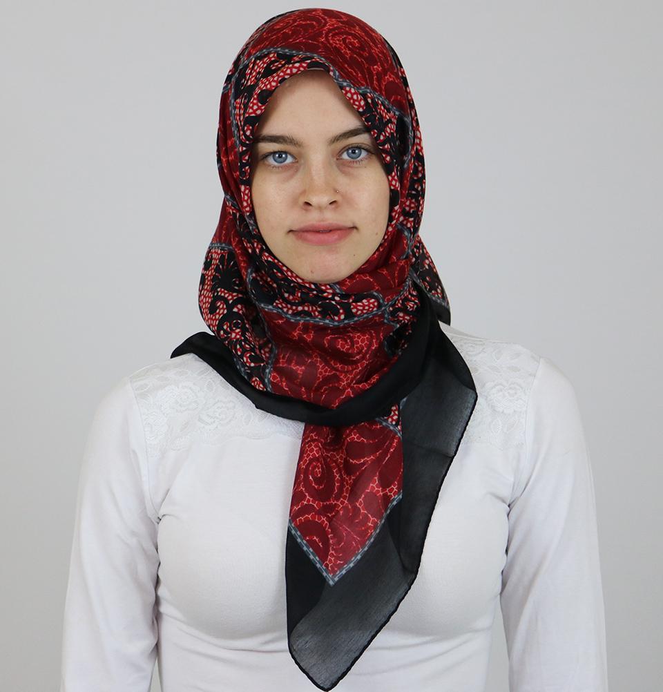 Ipekce scarf Turkish Yazma Square Hijab - Floral Red / Black - Modefa 