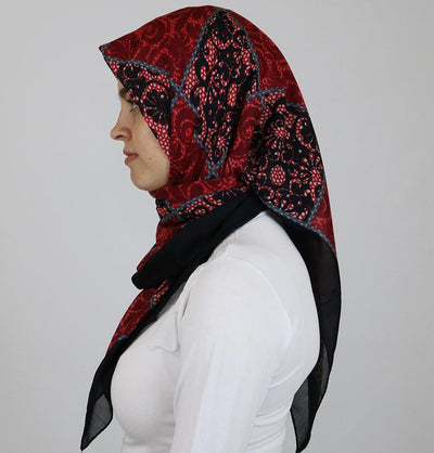 Ipekce scarf Turkish Yazma Square Hijab - Floral Red / Black - Modefa 