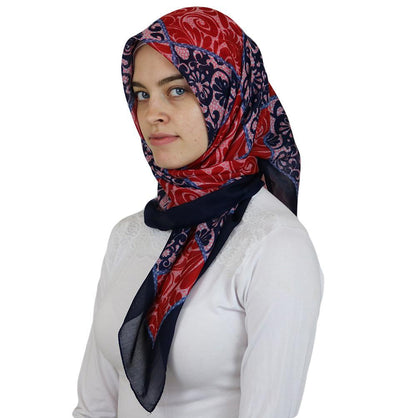 Ipekce scarf Turkish Yazma Square Hijab - Floral Red / Blue - Modefa 