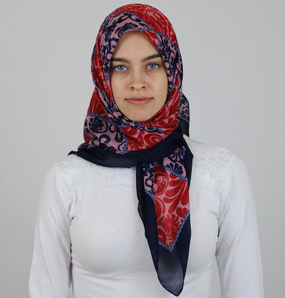 Ipekce scarf Turkish Yazma Square Hijab - Floral Red / Blue - Modefa 