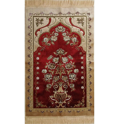 Ismen Prayer Rug Plush Beige & Red Floral Vase Prayer Rug - Modefa 
