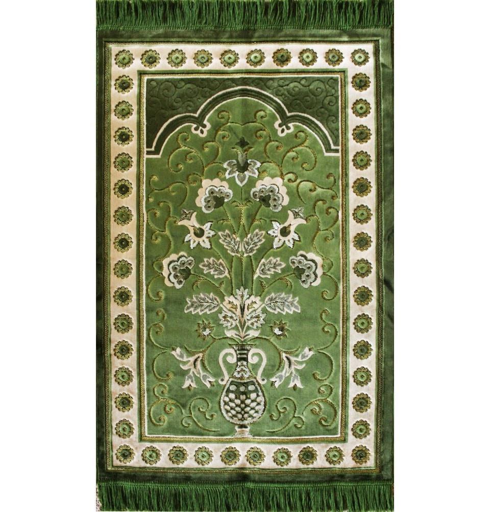 Ismen Prayer Rug Plush Green & Creme Floral Daisy Vase Prayer Rug - Modefa 