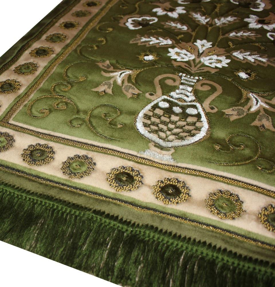 Ismen Prayer Rug Plush Green & Creme Floral Daisy Vase Prayer Rug - Modefa 