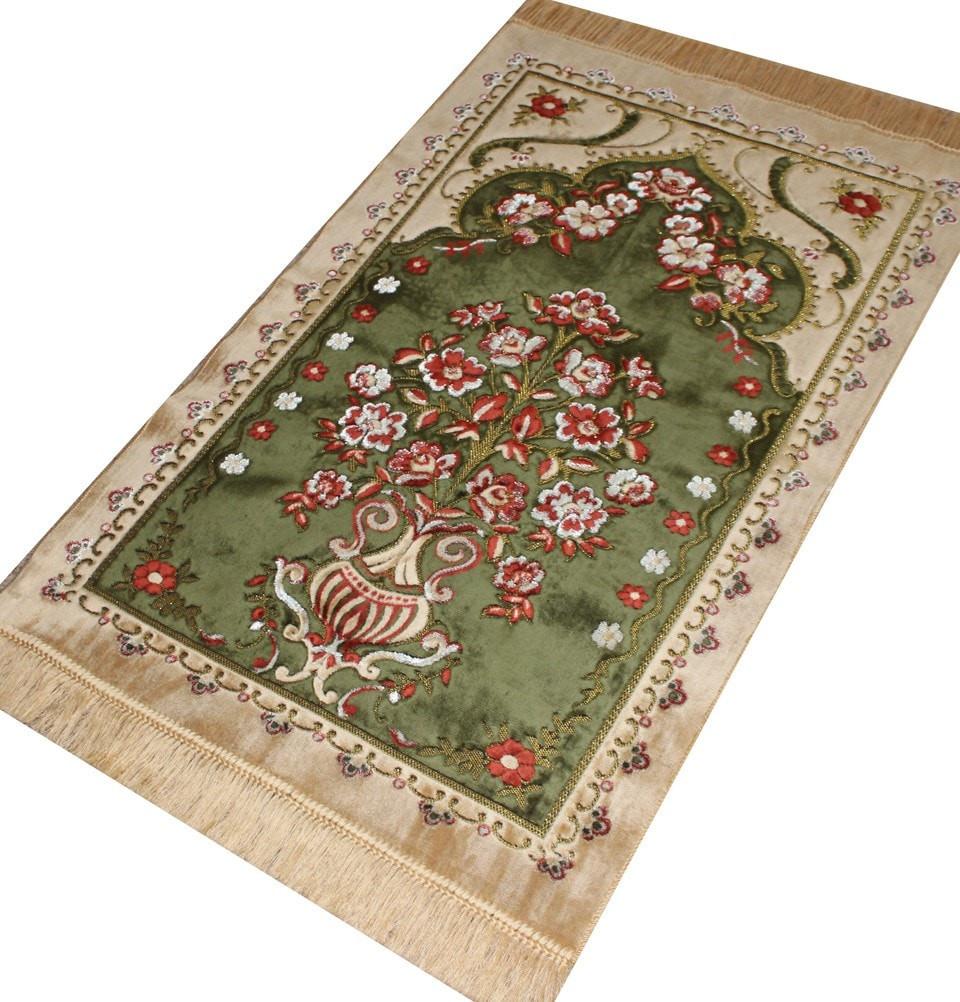 Ismen Prayer Rug Plush Green & Creme Floral Vase Prayer Rug - Modefa 