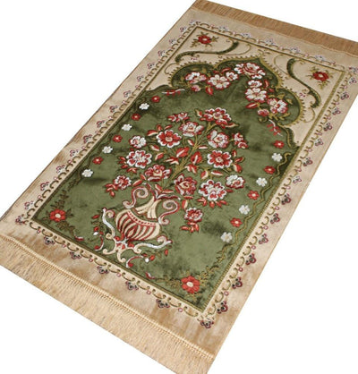 Ismen Prayer Rug Plush Green & Creme Floral Vase Prayer Rug - Modefa 