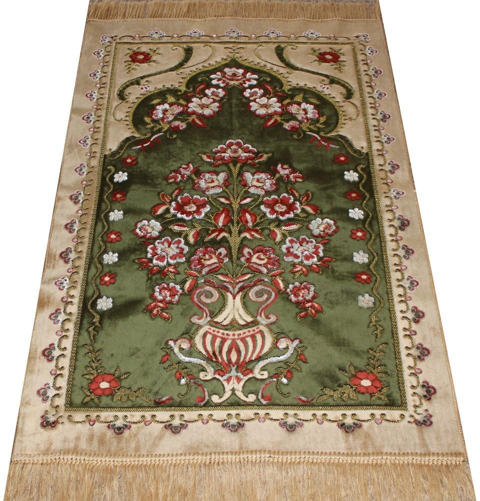 Ismen Prayer Rug Plush Green & Creme Floral Vase Prayer Rug - Modefa 