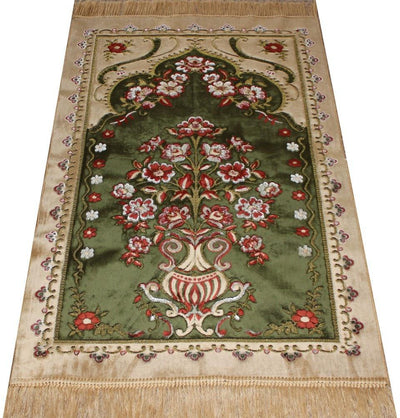 Ismen Prayer Rug Plush Green & Creme Floral Vase Prayer Rug - Modefa 
