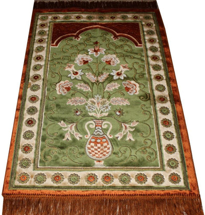 Ismen Prayer Rug Plush Green & Orange Floral Daisy Vase Prayer Rug - Modefa 