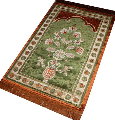 Ismen Prayer Rug Plush Green & Orange Floral Daisy Vase Prayer Rug - Modefa 