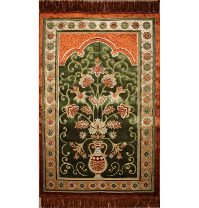 Ismen Prayer Rug Plush Green & Orange Floral Daisy Vase Prayer Rug - Modefa 