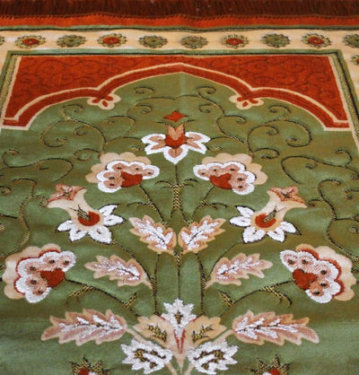 Ismen Prayer Rug Plush Green & Orange Floral Daisy Vase Prayer Rug - Modefa 