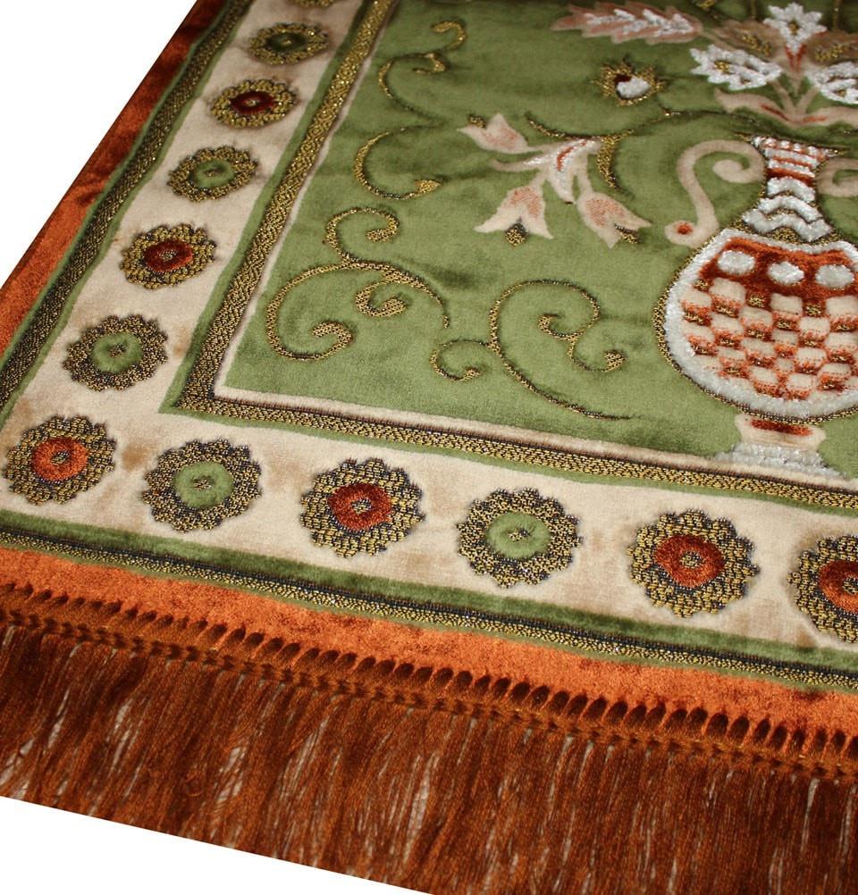 Ismen Prayer Rug Plush Green & Orange Floral Daisy Vase Prayer Rug - Modefa 