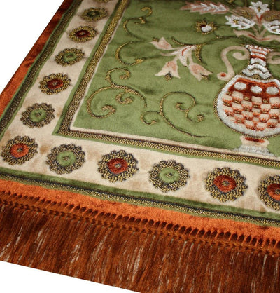 Ismen Prayer Rug Plush Green & Orange Floral Daisy Vase Prayer Rug - Modefa 