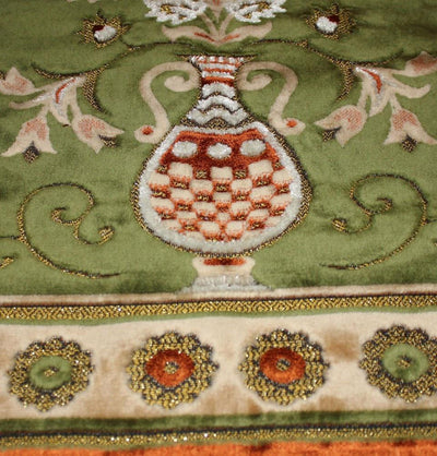 Ismen Prayer Rug Plush Green & Orange Floral Daisy Vase Prayer Rug - Modefa 