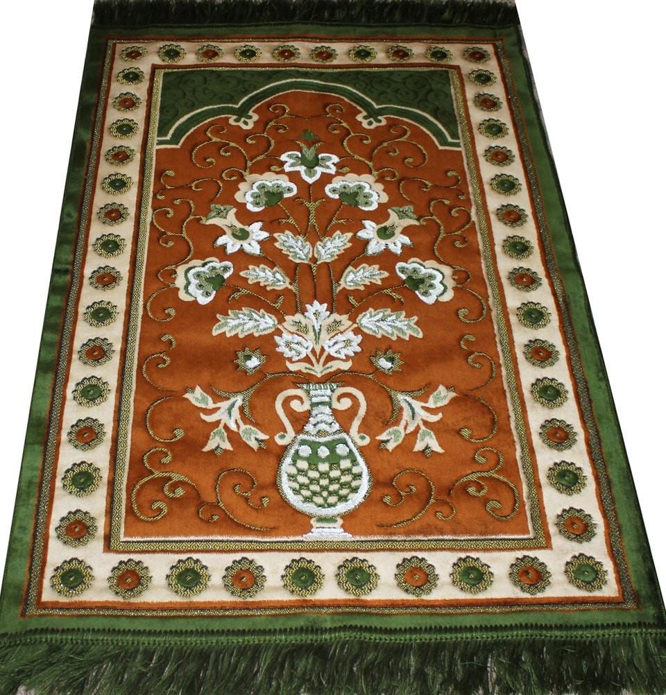 Ismen Prayer Rug Plush Orange & Green Floral Daisy Vase Prayer Rug - Modefa 