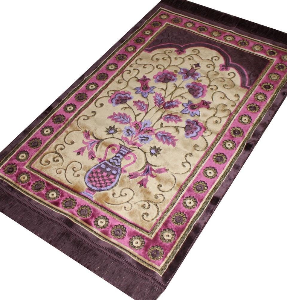 Ismen Prayer Rug Plush Purple & Creme Floral Daisy Vase Prayer Rug - Modefa 