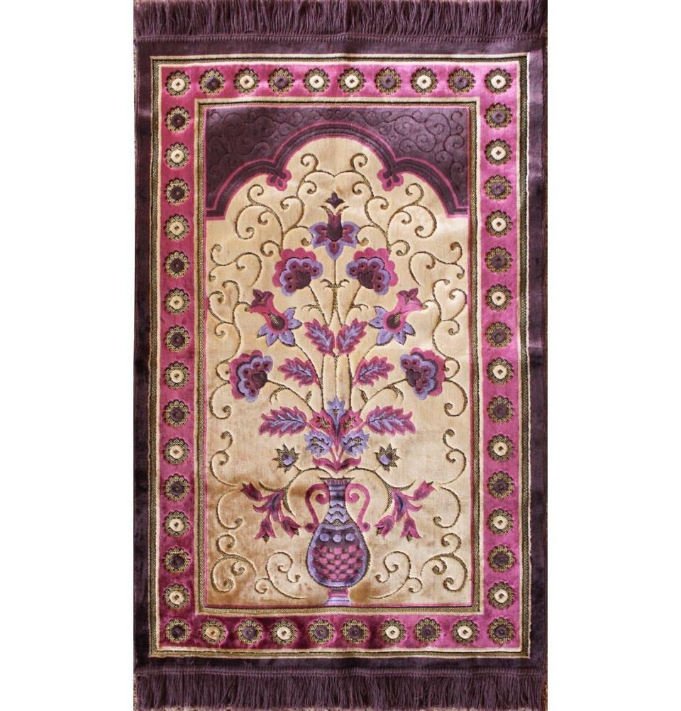 Ismen Prayer Rug Plush Purple & Creme Floral Daisy Vase Prayer Rug - Modefa 