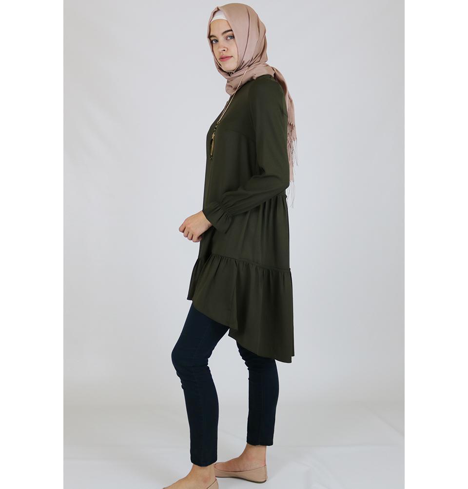 Loreen Tunic Loreen Ruffled Tunic with Necklace 7096 Green - Modefa 