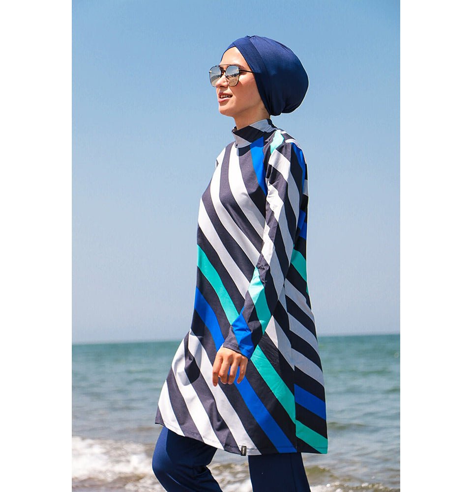 Two Piece Full Coverage Modest Swimsuit - Striped Blue 1953