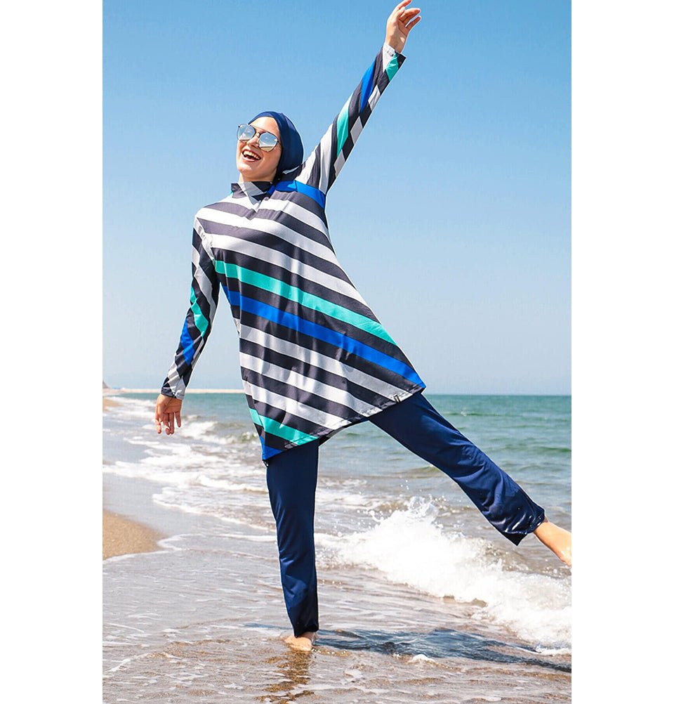 Marina Mayo Swimsuit Two Piece Full Coverage Modest Swimsuit - Striped Blue 1953
