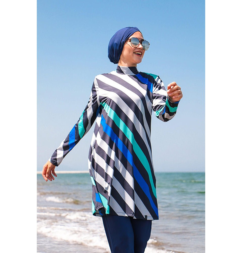 Marina Mayo Swimsuit Two Piece Full Coverage Modest Swimsuit - Striped Blue 1953