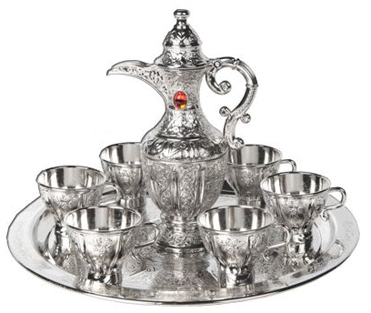 Medine Islamic Decor Zam Zam Silver Plated Jeweled Giftware Serving Set Water Pitcher with 6 cups and Tray - Modefa 